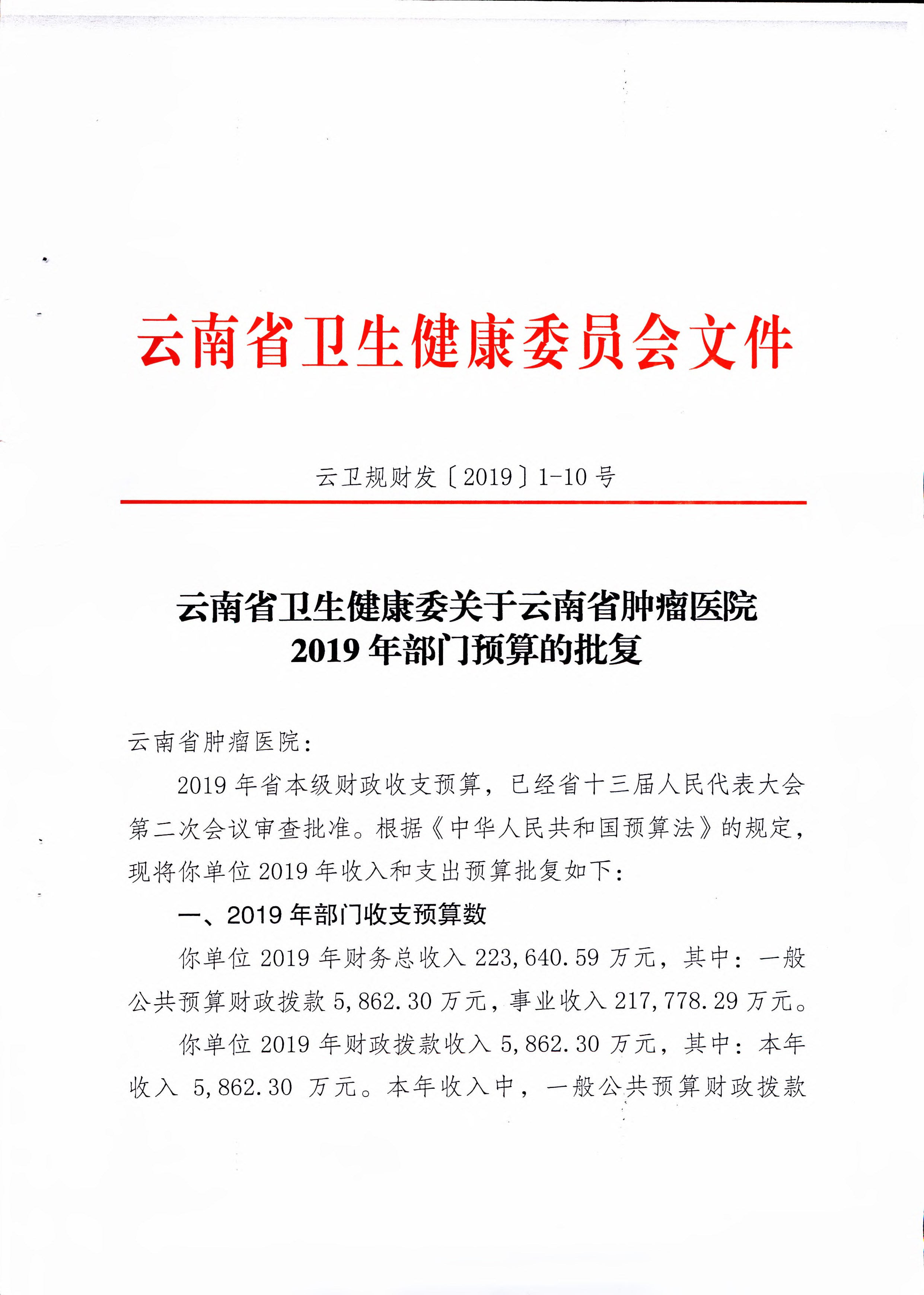 《云南省卫生健康委关于开云体育网站下载网址
2019年部门预算的批复》（云卫规财发【2019】1-10号_页面_01